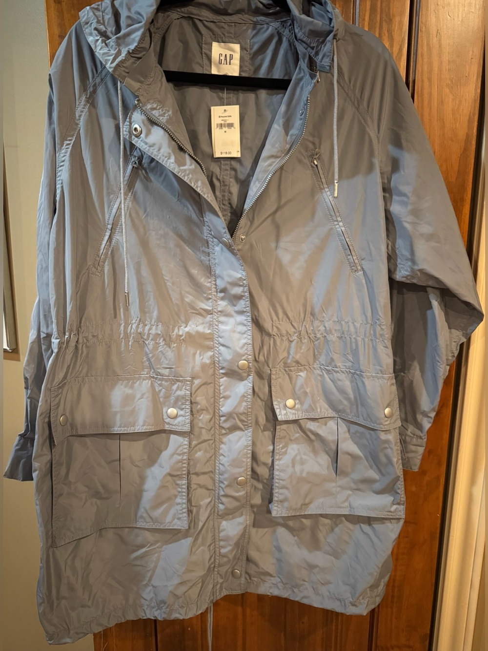 NWT GAP 100% Recycled Women's Grey Hooded Short Trench Coat with Hood